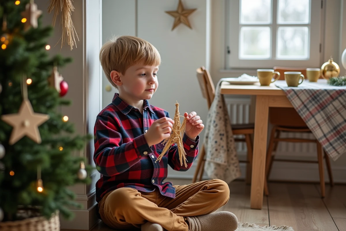 Jeune garçon accrochant des décorations en paille sur un petit sapin