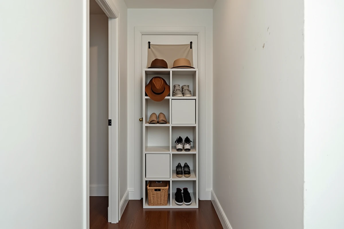 Entrée de petit appartement locatif aménagée avec des cubes de rangement modulables et des accessoires sans fixation murale permanente