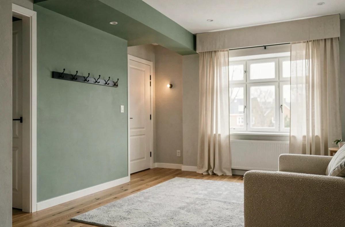Salon et entrée ouverts délimités par une couleur de plafond vert sauge dans un appartement scandinave