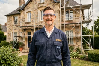 Technicien en isolation professionnelle devant une maison traditionnelle en Maine-et-Loire, représentant les meilleures entreprises d'isolation de la région
