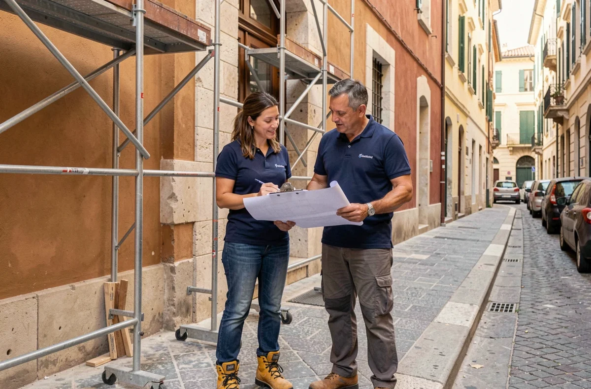 Équipe de rénovation professionnelle étudiant des plans devant un bâtiment rénové dans le quartier du Panier à Marseille