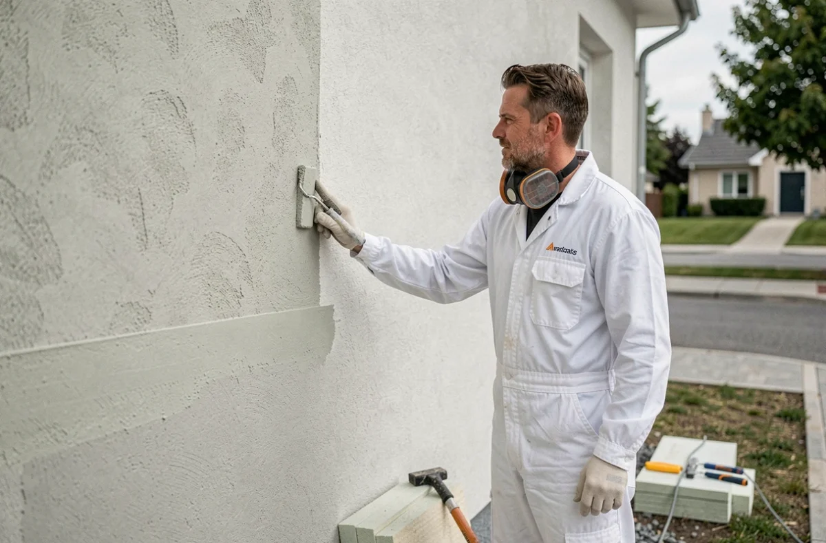Spécialiste d'Espaces Facades Services appliquant un enduit isolant texturé sur la façade d'une maison contemporaine en Maine-et-Loire