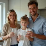 Famille dans une cuisine moderne buvant de l'eau naturelle