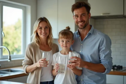 Famille dans une cuisine moderne buvant de l'eau naturelle