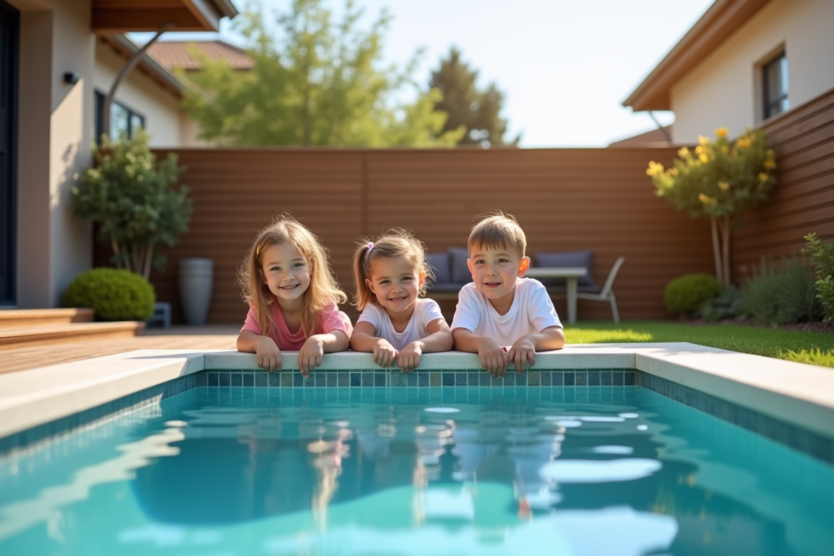 Famille jouant près de la piscine dans le jardin