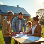 Famille heureuse près de leur maison avec panneaux solaires