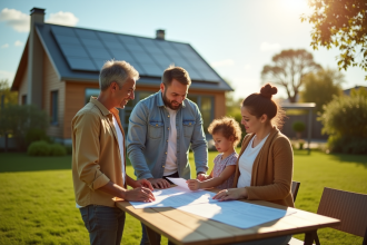 Famille heureuse près de leur maison avec panneaux solaires