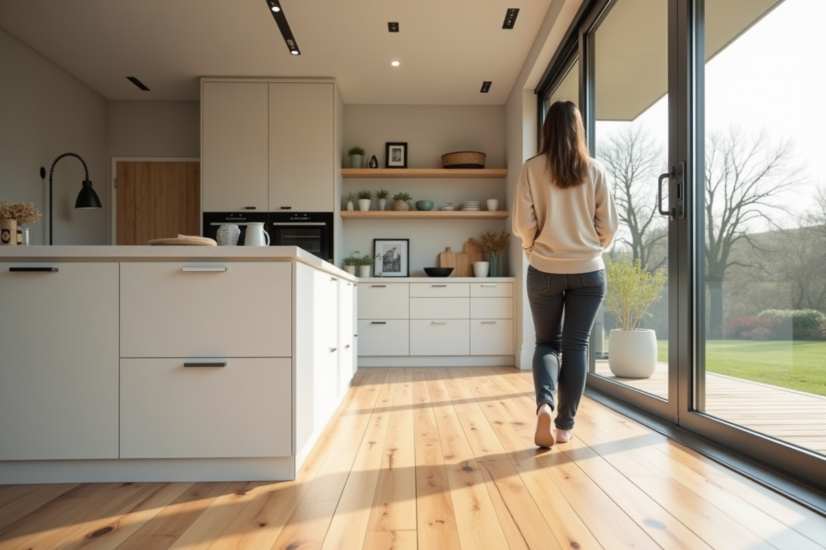Jeune femme regardant la cuisine avec sol en bois effet
