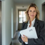 Femme d affaires tenant documents DPE dans un hall d immeuble