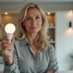 Femme tenant une ampoule LED dans une cuisine moderne pour comparer la puissance en lumens et en watts