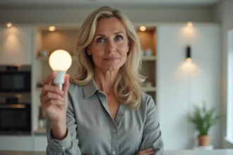Femme tenant une ampoule LED dans une cuisine moderne pour comparer la puissance en lumens et en watts