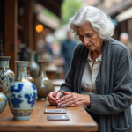 Femme âgée examinant une porcelaine antique lors d'un marché