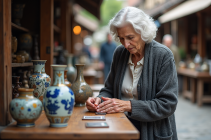 Femme âgée examinant une porcelaine antique lors d'un marché