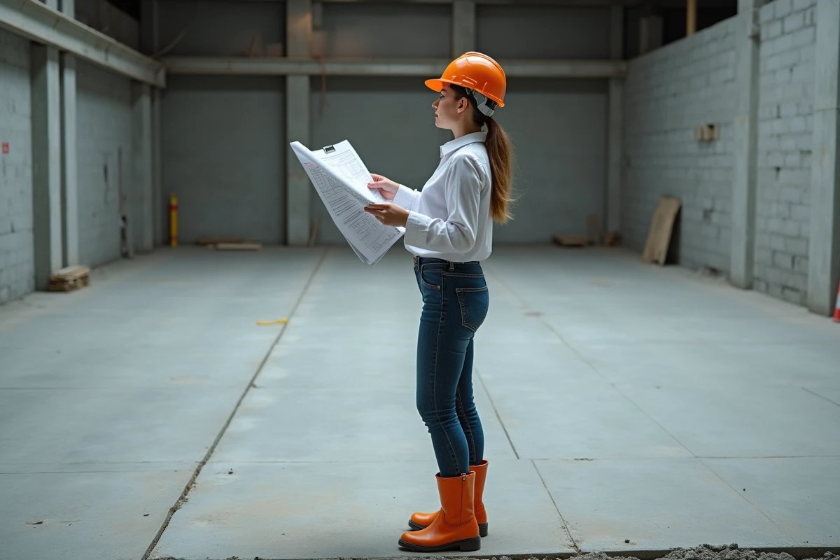 Jeune femme architecte vérifiant des plans sur un chantier intérieur