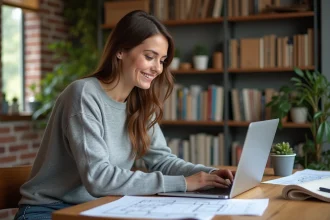 Femme dessinant un plan 3D dans un espace créatif