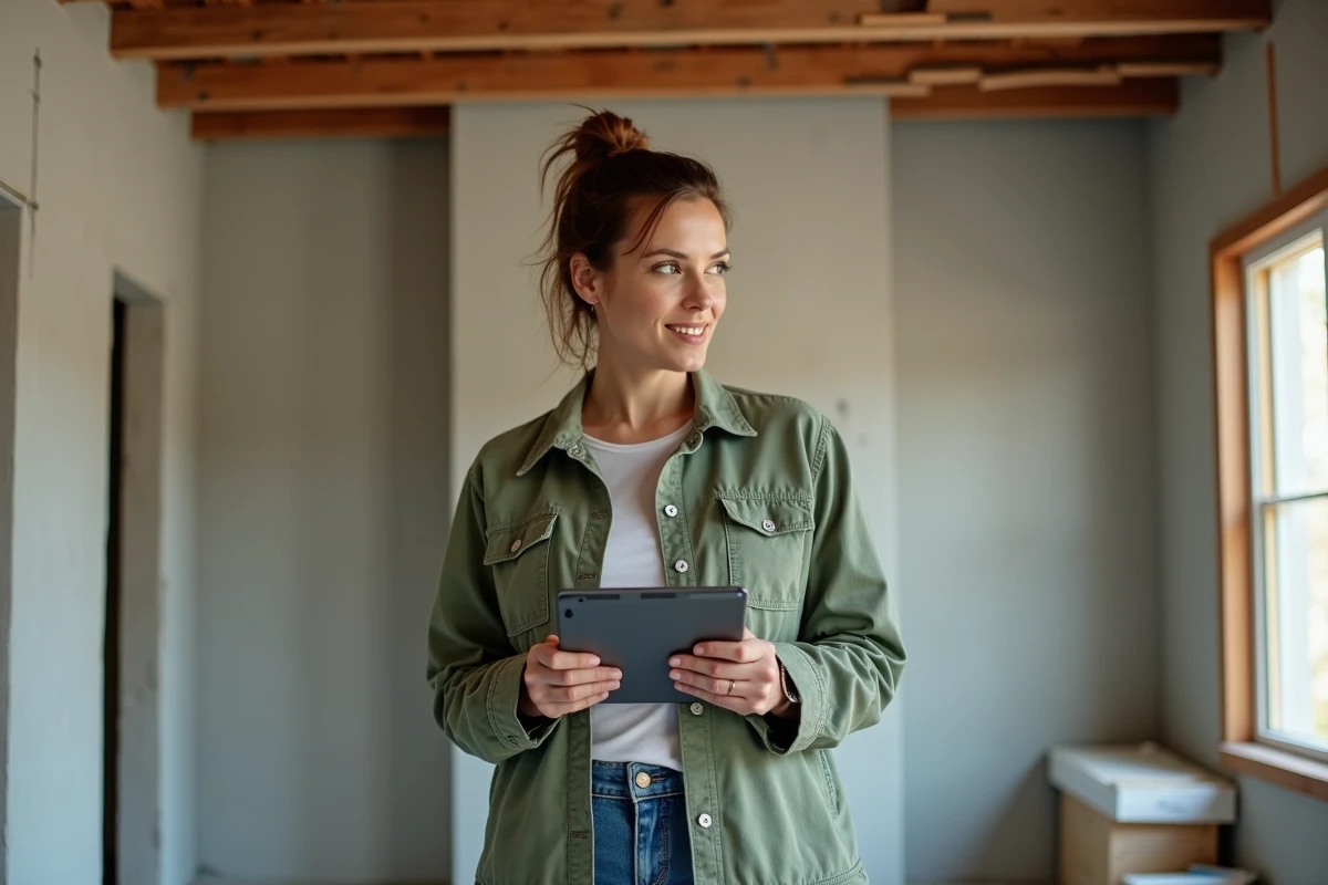 Femme tenant une tablette avec des profils d'artisans dans un salon en cours de rénovation