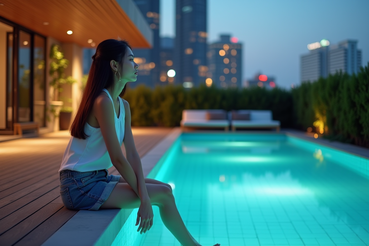 Jeune femme profitant du bord de la piscine éclairée