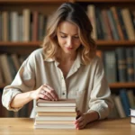 Femme arrangeant des livres sur un book stacker en bois sur un bureau en chêne dans une bibliothèque cosy