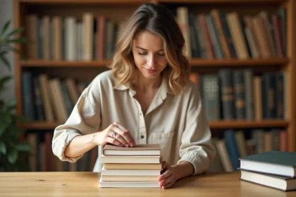 Femme arrangeant des livres sur un book stacker en bois sur un bureau en chêne dans une bibliothèque cosy