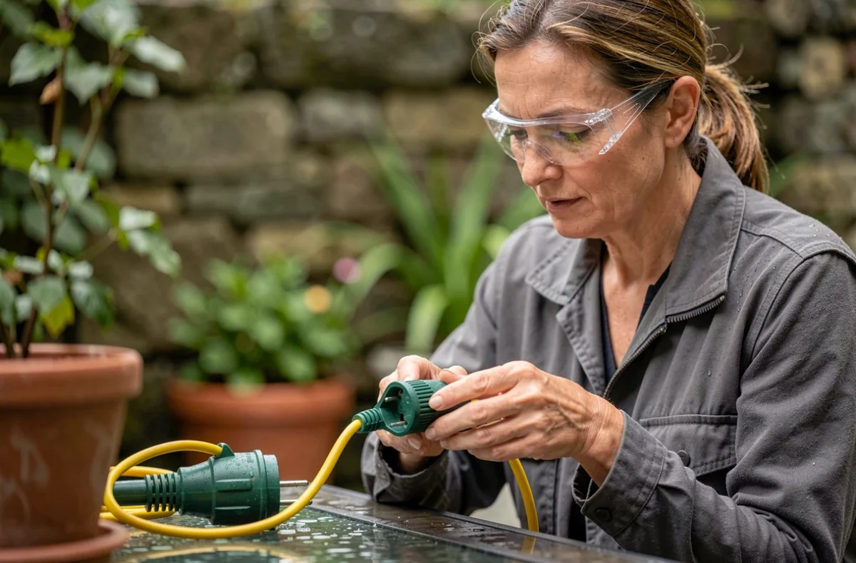 Femme réalisant le branchement d'une prise mâle IP44 pour prolongateur extérieur sur une terrasse humide