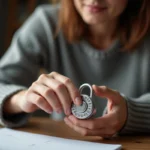 Femme changeant le code d'un cadenas à 3 chiffres argenté à son bureau en bois
