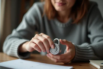 Femme changeant le code d'un cadenas à 3 chiffres argenté à son bureau en bois