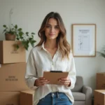 Femme organisée tenant une checklist de déménagement dans un salon avec cartons emballés