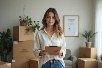 Femme organisée tenant une checklist de déménagement dans un salon avec cartons emballés