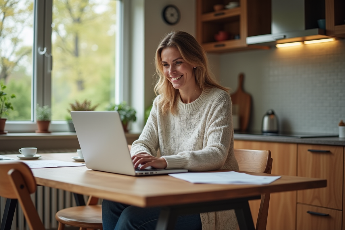 Femme souriante comparant des options de chauffage en ligne dans la cuisine
