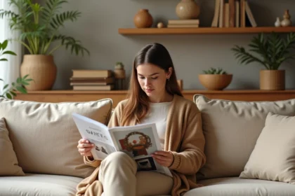 Femme élégante dans un salon moderne et chaleureux