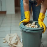 Femme d'âge moyen dans une cuisine moderne avec poubelle et vers blancs