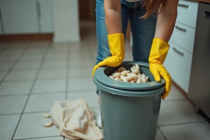 Femme d'âge moyen dans une cuisine moderne avec poubelle et vers blancs