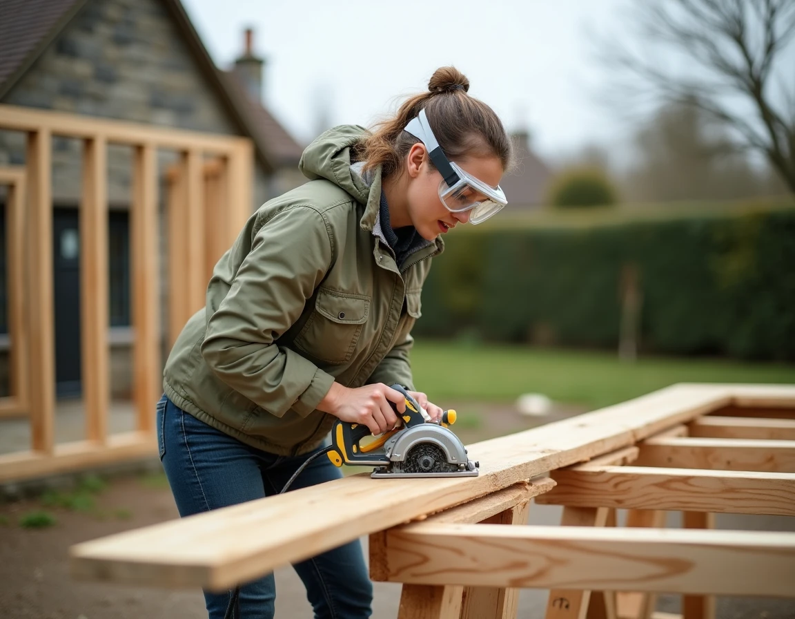 Femme découpant du bois avec une scie circulaire sur un chantier d'autoconstruction en milieu rural
