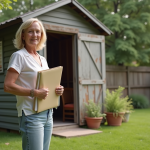 Femme confiante avec documents près d’un cabanon de jardin