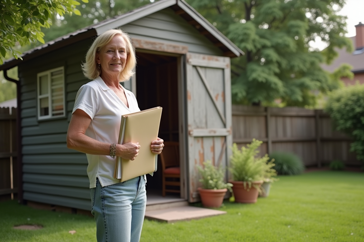 Femme confiante avec documents près d’un cabanon de jardin