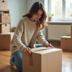 Femme emballant un carton dans un salon lumineux