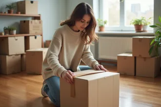 Femme emballant un carton dans un salon lumineux