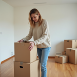 Femme d'âge moyen pliant des caisses dans un salon en transition