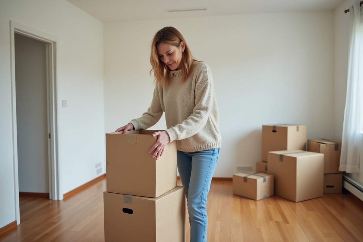 Femme d'âge moyen pliant des caisses dans un salon en transition