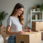 Jeune femme souriante préparant un déménagement organisé