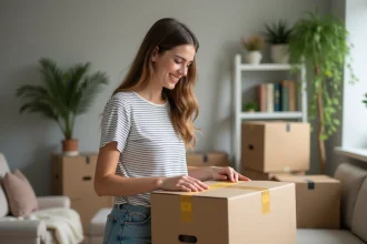 Jeune femme souriante préparant un déménagement organisé