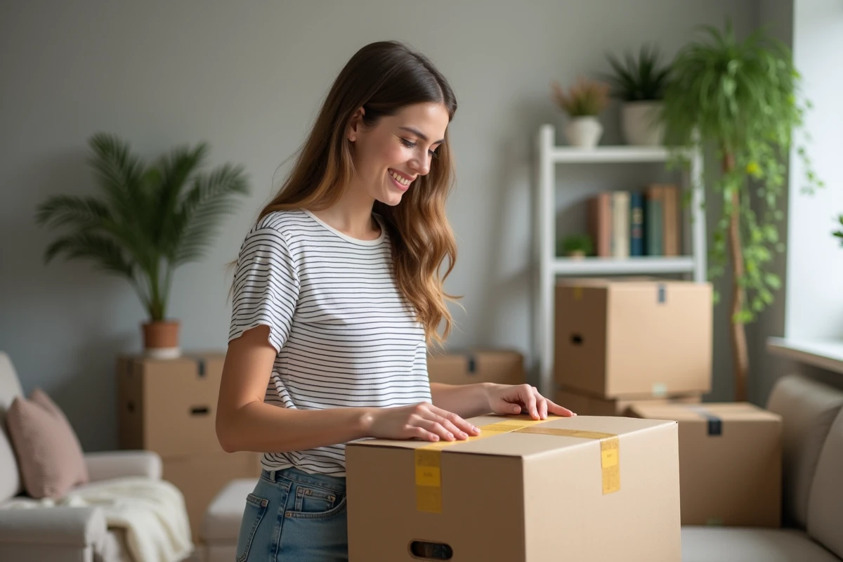 Jeune femme souriante préparant un déménagement organisé