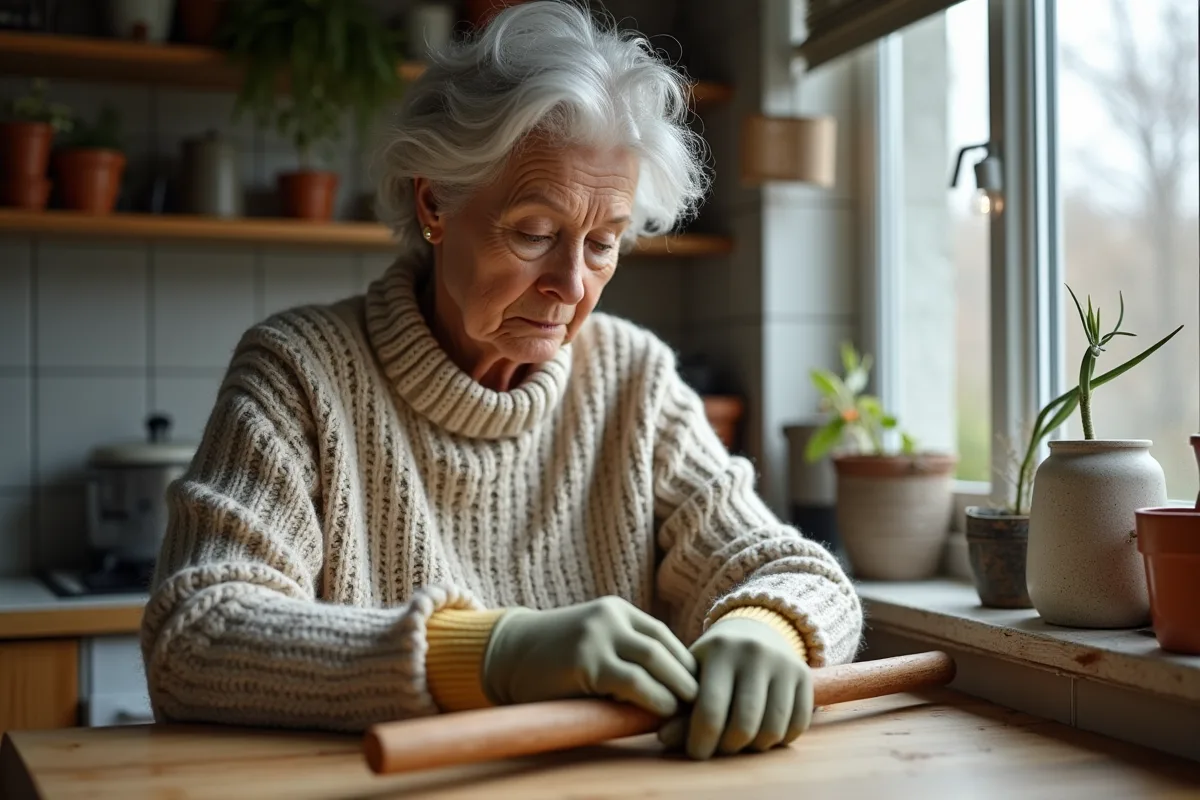 Femme âgée huilant la poignée d