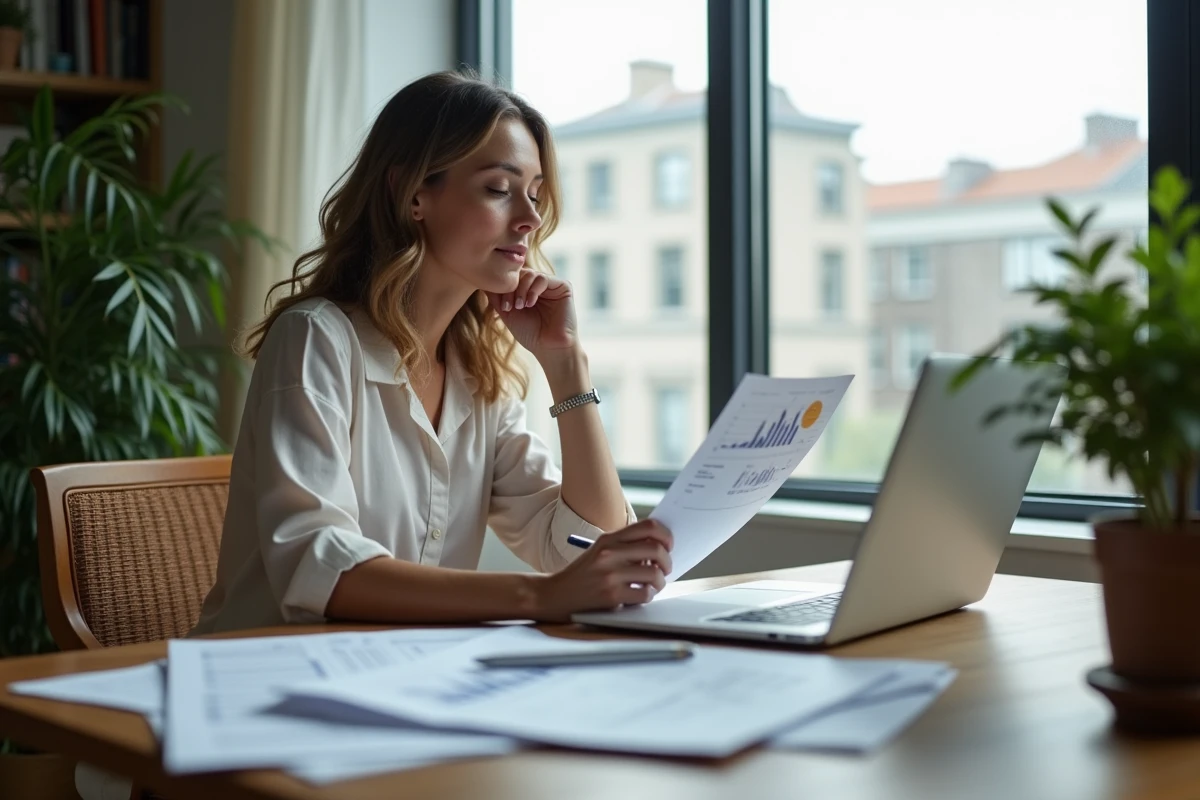 Femme comparant devis et ordinateur dans un bureau lumineux