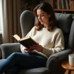 Femme détendue dans un fauteuil de lecture rembourré confortable avec accoudoirs courbés dans un salon cosy