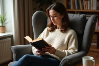 Femme détendue dans un fauteuil de lecture rembourré confortable avec accoudoirs courbés dans un salon cosy