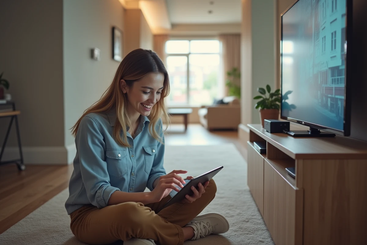 Femme souriante vérifiant une configuration HDMI sans fil dans un couloir moderne