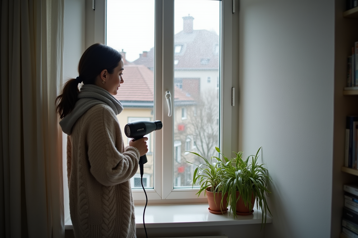 Jeune femme hiverisant une grande fenêtre avec film plastique dans un appartement urbain