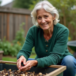 Femme en jardin ajoutant des coquilles de moules au compost