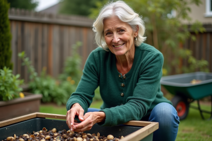 Femme en jardin ajoutant des coquilles de moules au compost